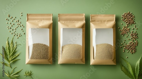 Eco-friendly hemp flour bags, with white windows, are displayed on a green background. The brown kraft paper bags feature hemp leaves and seeds