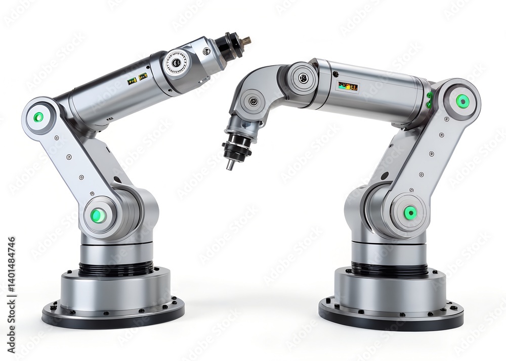 Robotic Arms: Modern metallic robotic arms demonstrating automated precision, highlighting the blend of technology, engineering, and production process. Robotic Arms: Modern metallic robotic arms demonstrating automated precision, highlighting the blend of technology, engineering, and production process.