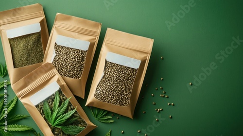 Eco-friendly hemp flour bags, with white windows, are displayed on a green background. 