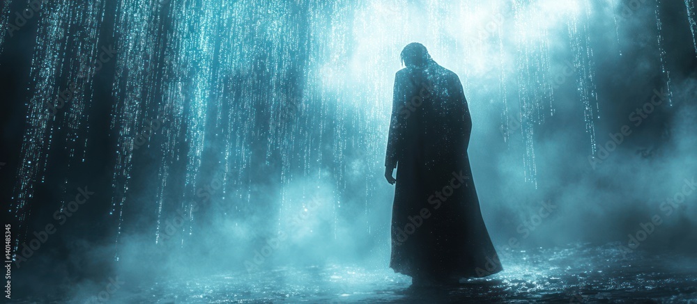 Solitary figure in long coat stands before a mystical, blue waterfall in fog. Solitary figure in long coat stands before a mystical, blue waterfall in fog.