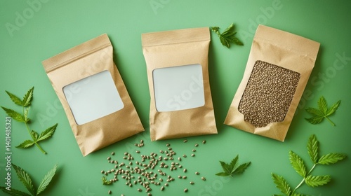 Eco-friendly hemp flour bags, with white windows, are displayed on a green background. 