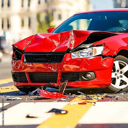 Red Car Crash Urban Street Accident.