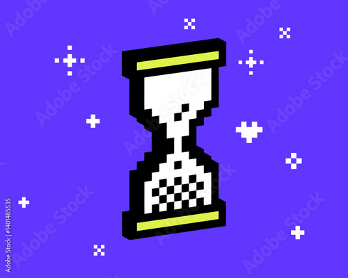 3D hourglass pixel art element. Y2k inspired bold groovy timer collage sticker. Mood of 90s. 8 bit retro style vector illustration. Simple geometric sandglass shape with sparkle. Game abstract icon