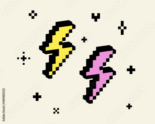 3D lightning flash pixel art black element. Thunder icon. Y2k inspired trendy collage sticker. Mood of 90's. 8-bit retro style vector illustration. Simple geometric shape. Game abstract lightning icon