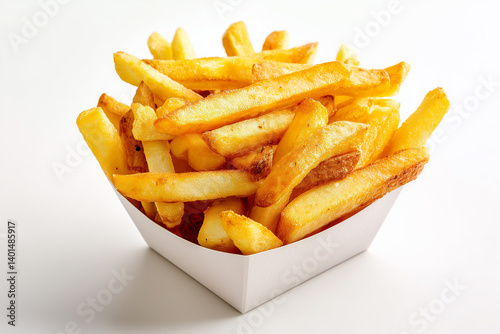 Crispy golden fries served in a white container on a simple background for a delicious snack experience