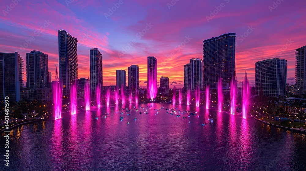 Obraz premium Miami's Breathtaking Sunset Symphony: A Cityscape Illuminated by Fountains