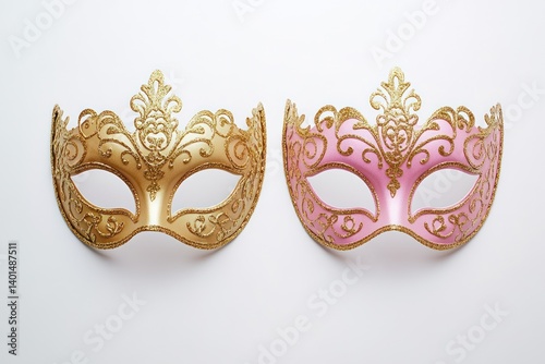 Elegant pink and gold masquerade masks with intricate designs, ideal for party, festival, and celebration-themed designs, isolated against a white background.
