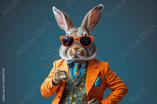 Energetic Rabbit in Bright Sunglasses and Playful Ensemble on a Contrasting Background with Space for Slogan