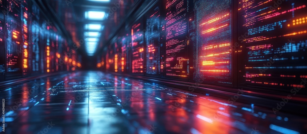 Futuristic server room corridor with glowing digital data streams on walls and reflective floor. Futuristic server room corridor with glowing digital data streams on walls and reflective floor.