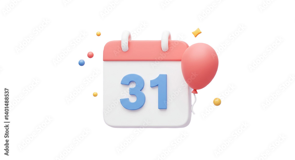 A cheerful calendar celebrating the 31st with a playful balloon and confetti, rendered in a pastel 3D style.
