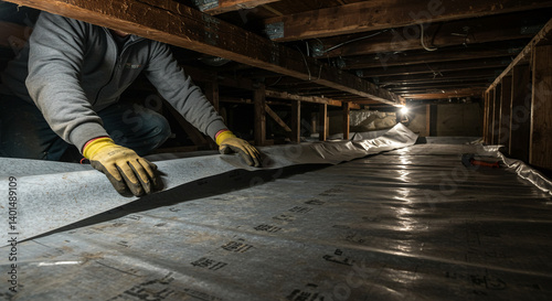 A determined worker carefully lays protective vapor barrier sheeting in a dimly lit crawl space, creating a moisture barrier for a healthier home environment under low beams.