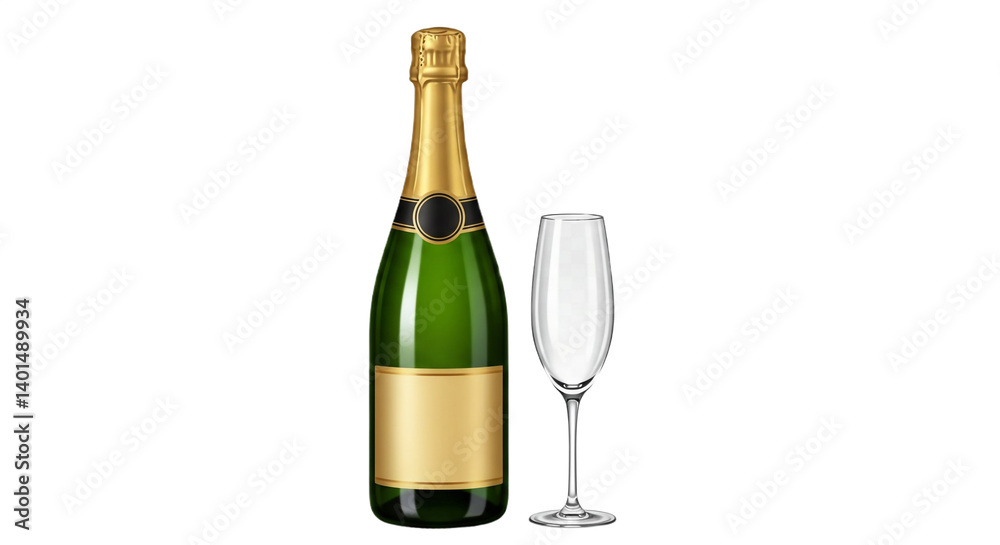 A celebratory bottle of champagne ready to be poured, elegant and poised against a clean white background with a waiting flute. A celebratory bottle of champagne ready to be poured, elegant and poised against a clean white background with a waiting flute.