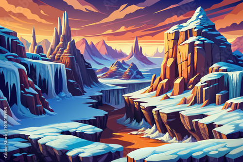 Frozen canyon and Mountains peak view snowy landscape at sunset, vector illustration background, snow high alp mountain
