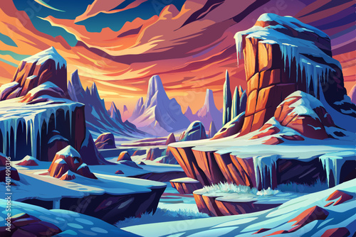 Frozen canyon and Mountains peak view snowy landscape at sunset, vector illustration background, snow high alp mountain
