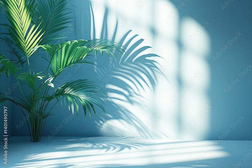 Fototapeta premium Blurred shadow of palm leaves on light blue wall. Minimal abstract background.