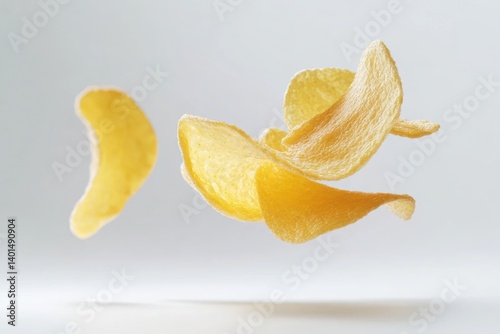 Falling kettle-cooked potato chips in mid-air, captured with a shallow depth of field, isolated on a clean white background for maximum focus.