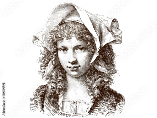 Portrait of a young woman in period attire.  Detailed depiction of a lady's coiffure and fashion