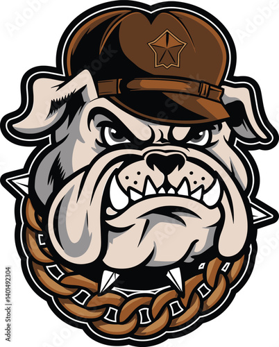 Angry English Bulldog wearing cap face vector illustration isolated on white background, furious bulldog head with gold chain and cap design perfect for t-shirts, apparel, logos, mascots, or edgy.