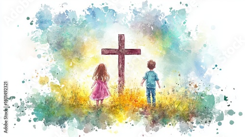 Watercolor painting of children looking at a cross in a field with bright light behind it
