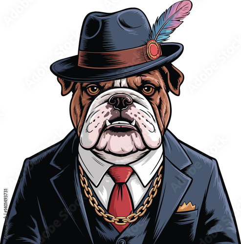 Bulldog vector in suit and hat. An English bulldog-like gentleman wearing a suit, gold chain, and hat vector illustration in white background.