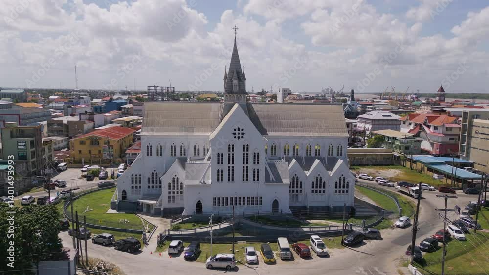 Aerial of St. George's Cathedral in downtown Georgetown Guyana