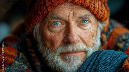 Portrait of a weathered senior man, eyes full of life, a story etched onto his face.  His warm attire suggests cozy comfort, a tranquil moment.