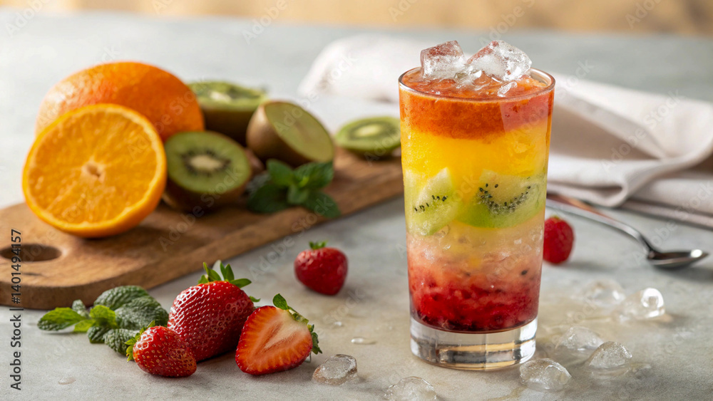 Layered Fruit Mocktail in a Clear Glass Layered Fruit Mocktail in a Clear Glass