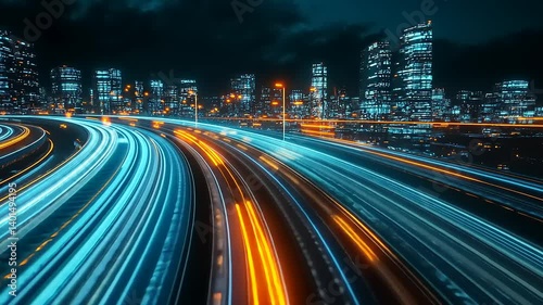 Dynamic long exposure captures urban highway lights, blurring into vibrant streams against a night cityscape