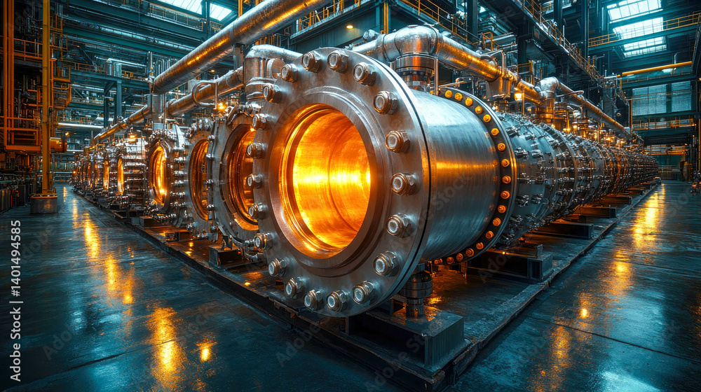 Obraz premium Industrial shell and tube heat exchanger in a modern facility, glowing with warm orange lights, detailed metallic surfaces, and futuristic atmosphere