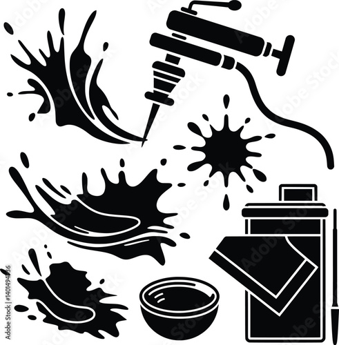 Tattoo Ink Splash Silhouette Vector Set with Tools and Accessories Icons.