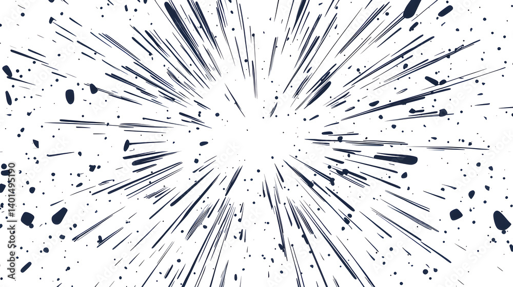 Fototapeta premium Dynamic explosion effect with radiating lines and scattered dots in contrasting colors.