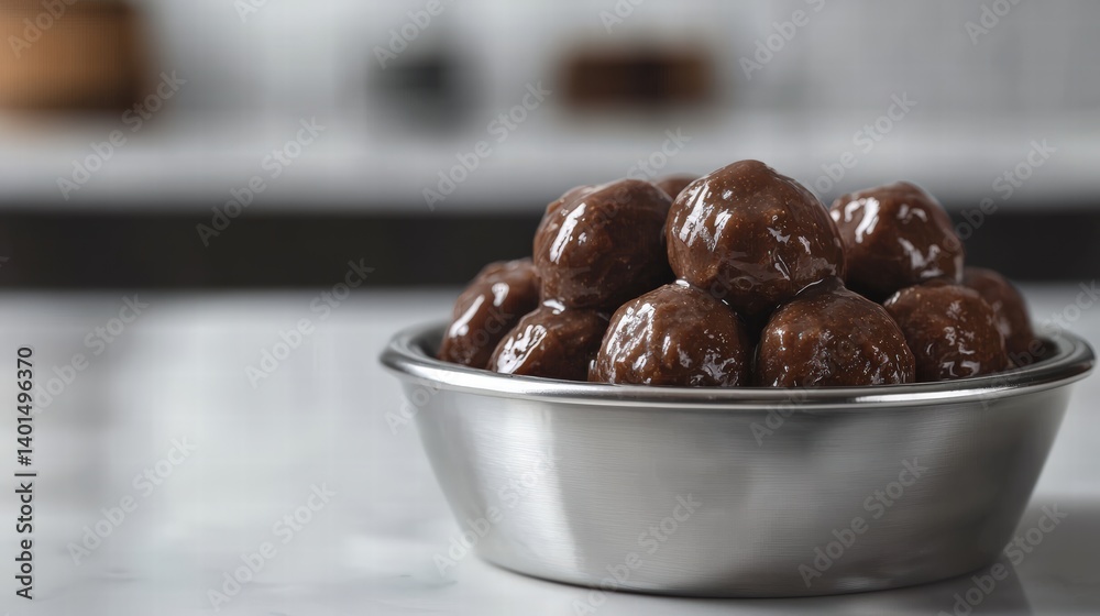 A bowl of chocolate covered dough ready for serving as delicious treat for pets with ample copy space available A bowl of chocolate covered dough ready for serving as delicious treat for pets with ample copy space available