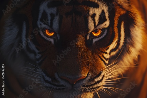 A close up portrait of a tiger with glowing eyes in a dark and moody lighting environment