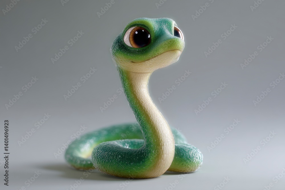 Fototapeta premium Cartoon Snake Posing with Big Eyes on Gray Background