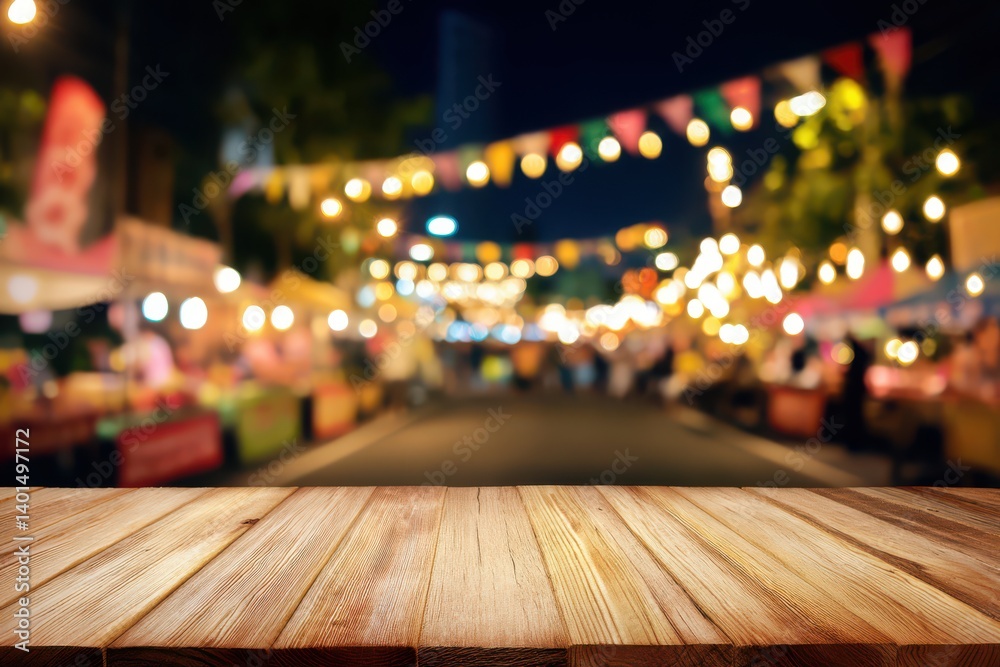 Empty wooden table top with a blurred background of an outdoor street food festival at night Empty wooden table top with a blurred background of an outdoor street food festival at night