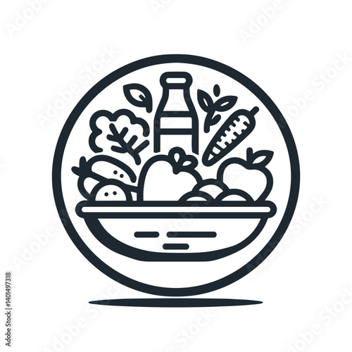 Healthy food bowl with fruits and vegetables in minimalist style on white background