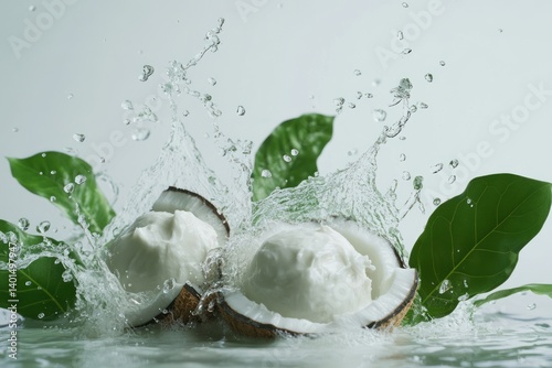 Fresh coconuts splashing milk, with green leaves, isolated against a white background, creating a refreshing and natural visual appeal.