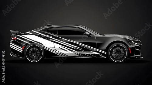 Stylish black sports car with striking white and gray racing stripes, emphasizing speed and performance.