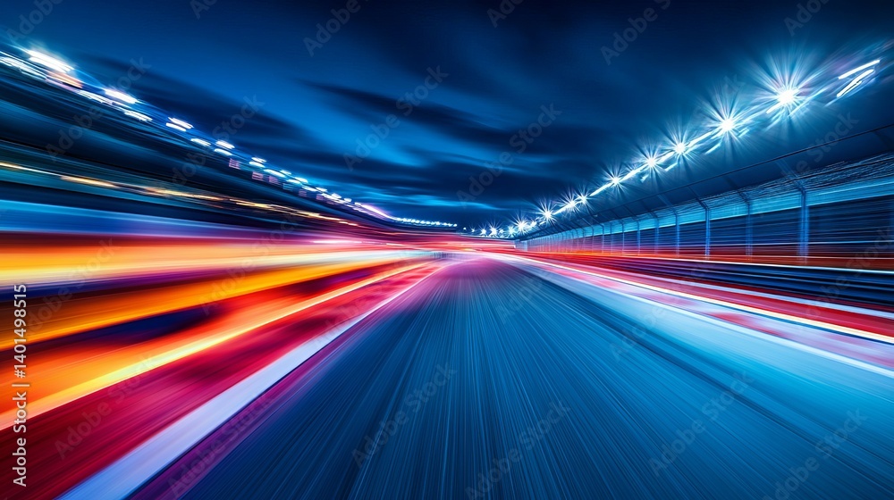 Obraz premium Abstract speed motion blur on race track at night, racing car, formula one, fast, light trails
