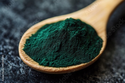 Fresh spirulina algae powder sits on a wooden spoon, showcasing its vibrant green hue against a dark surface. This close-up image highlights the natural and organic nature of this food supplement.