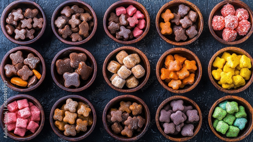 A variety of different colored candies in a bowl perfect for treats and celebrations with copy space for text A variety of different colored candies in a bowl perfect for treats and celebrations with copy space for text