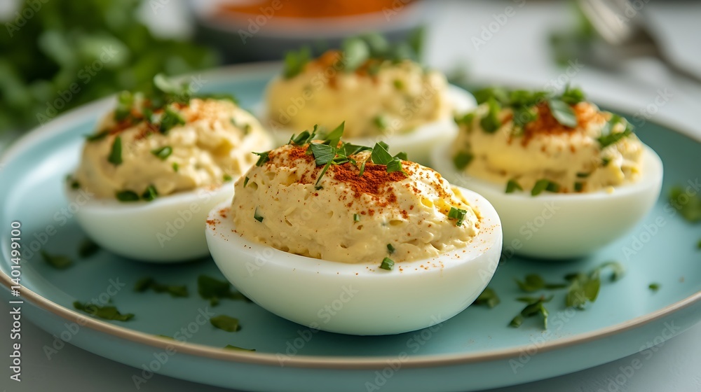 Delicious egg halves stuffed with creamy filling, presented elegantly on a light blue plate, garnished with fresh herbs and a sprinkle of paprika Delicious egg halves stuffed with creamy filling, presented elegantly on a light blue plate, garnished with fresh herbs and a sprinkle of paprika