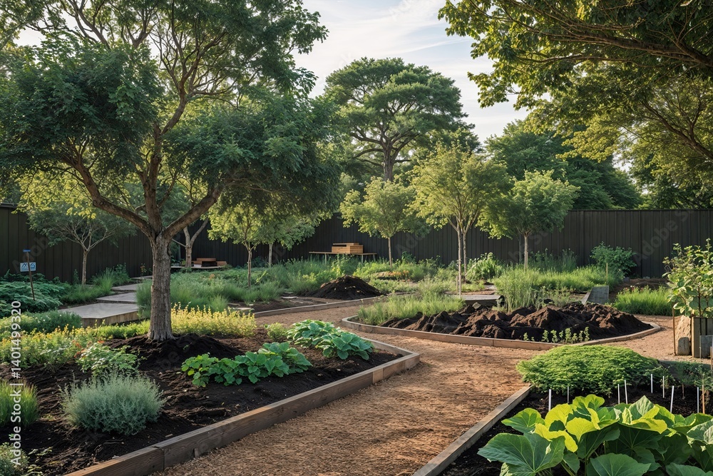 Fototapeta premium Enchanting Grove in a Peaceful Setting: Embracing Composting and Growth for a Sustainable Community Garden