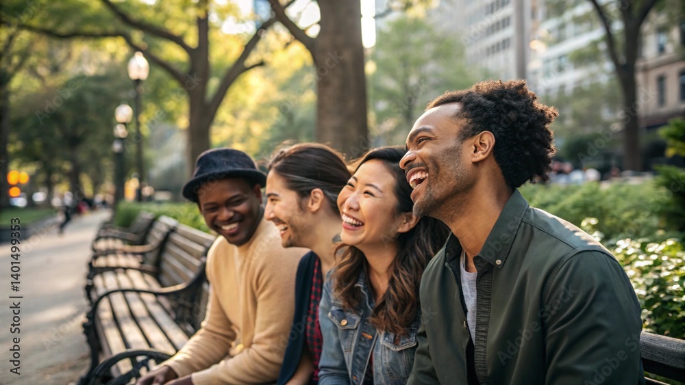 A multi-ethnic group of friends enjoying time together in a city park, smiling and laughing, natural lighting, candid moment A multi-ethnic group of friends enjoying time together in a city park, smiling and laughing, natural lighting, candid moment