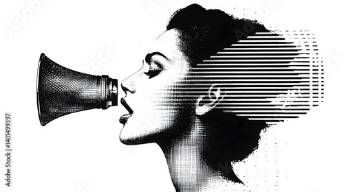 A striking black and white illustration of a woman with a speaker integrated into her profile, symbolizing communication and expression.