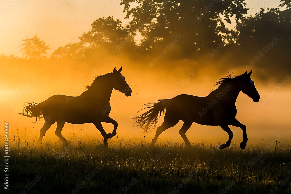 Two horses gallop through a misty field at sunrise, their silhouettes glowing in the golden light Two horses gallop through a misty field at sunrise, their silhouettes glowing in the golden light