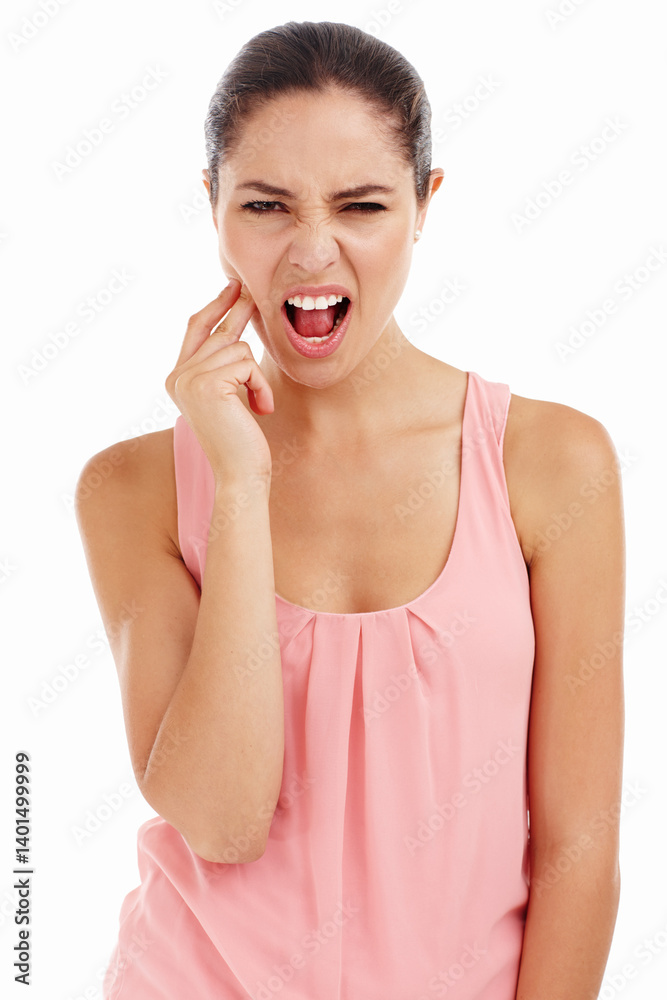 Young woman, toothache or pain in studio portrait for wisdom teeth, dental hygiene and cavity prevention. Female person, hurt and hand jaw in white background for inflammation and oral neglect Young woman, toothache or pain in studio portrait for wisdom teeth, dental hygiene and cavity prevention. Female person, hurt and hand jaw in white background for inflammation and oral neglect
