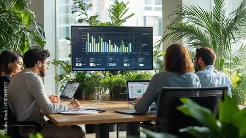 Meeting of diverse workers analyze charts at a table surrounded by lush green foliage inside a modern building
