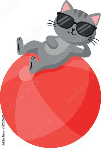 A relaxed gray cat wearing sunglasses lounging on a bright red ball in a minimal vector illustration