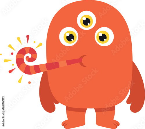 Playful orange monster with three eyes blowing a colorful party horn in flat vector art